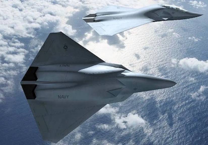 A concept image of the F/A-XX produced by Boeing. The aircraft is seen flying over the water.