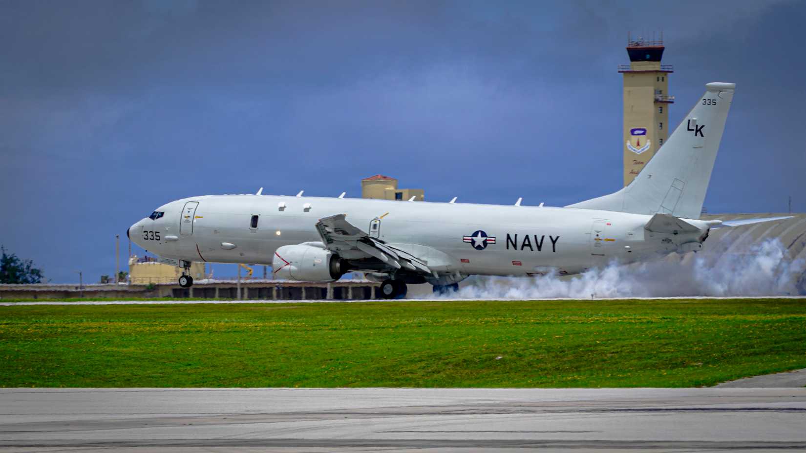 Navy P-8A Poseidon aircraft, assigned to Patrol and Reconnaissance (VP) 26, lands on Andersen Air Force Base