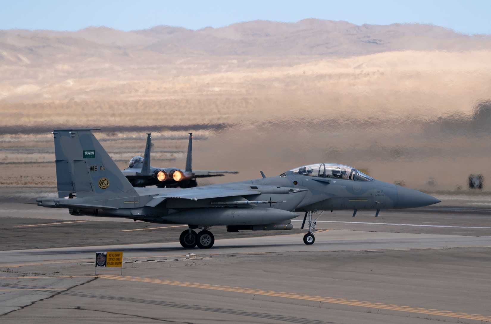 A Royal Saudi Air Force F-15SA assigned to the Royal Saudi Air Force, Weapons School, Dhahran, Saudi Arabia, takes off