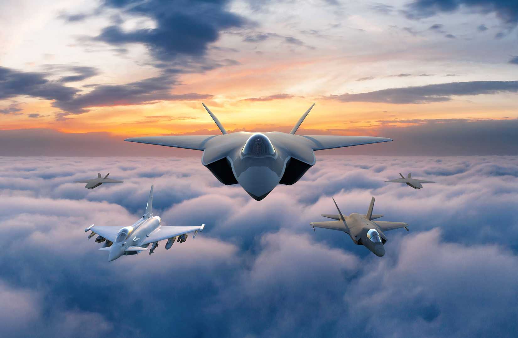 The BAE Tempest, or GCAP, in the lead of a formation with a Eurofighter, F-35 JSF, and two CCA drones
