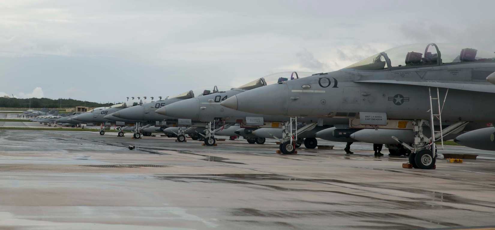 FA-18 Hornets are parked on Andersen Air Force Base Sept. 30 during Forager Fury III.