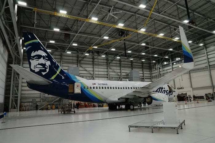 Alaska 737 sits in hangar 