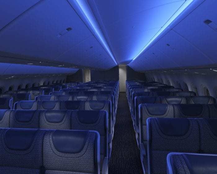 A mockup interior of the economy class cabin in the Boeing 777X.