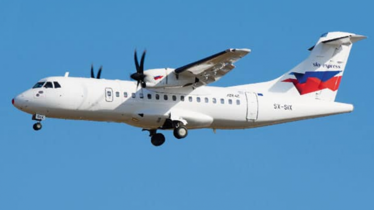 Greek Sky Express ATR-42 Rolls Off Of Runway Into Ditch