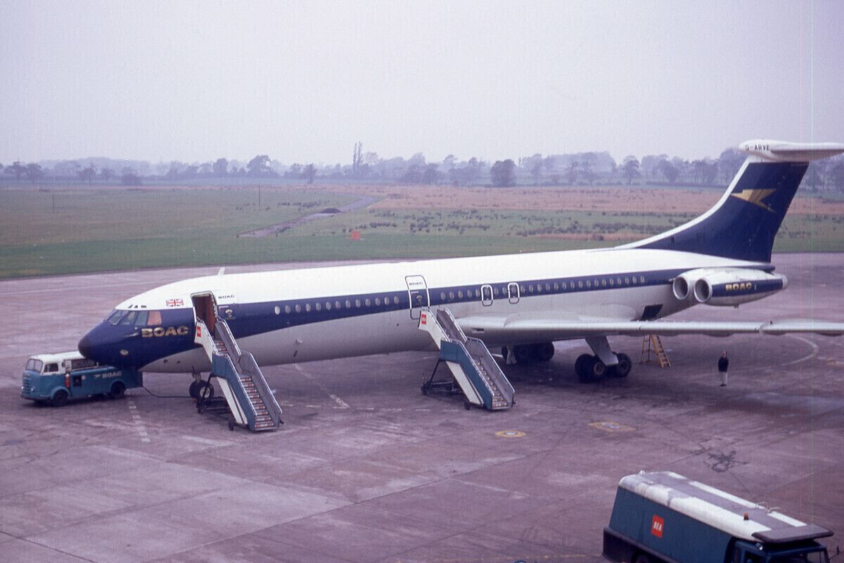 A BOAC Vickers VC10 parked on an airport apron.