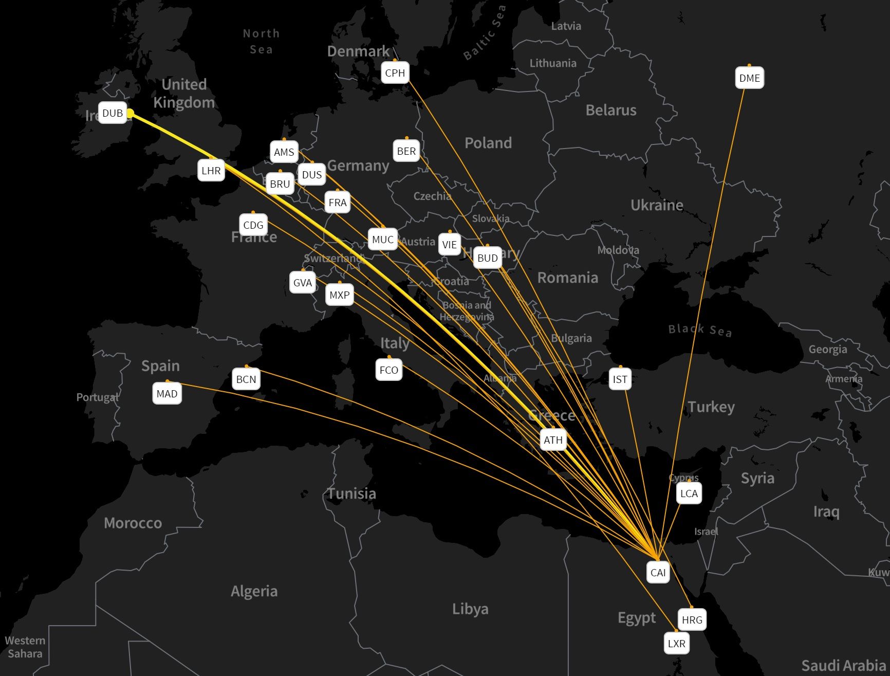 EgyptAir's Europe network in summer 2022