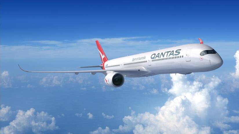 A render of a Qantas A350-1000 flying in the sky.