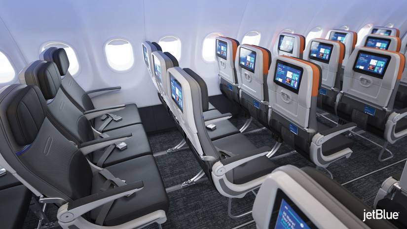 Inside the cabin of a JetBlue Airbus A320.