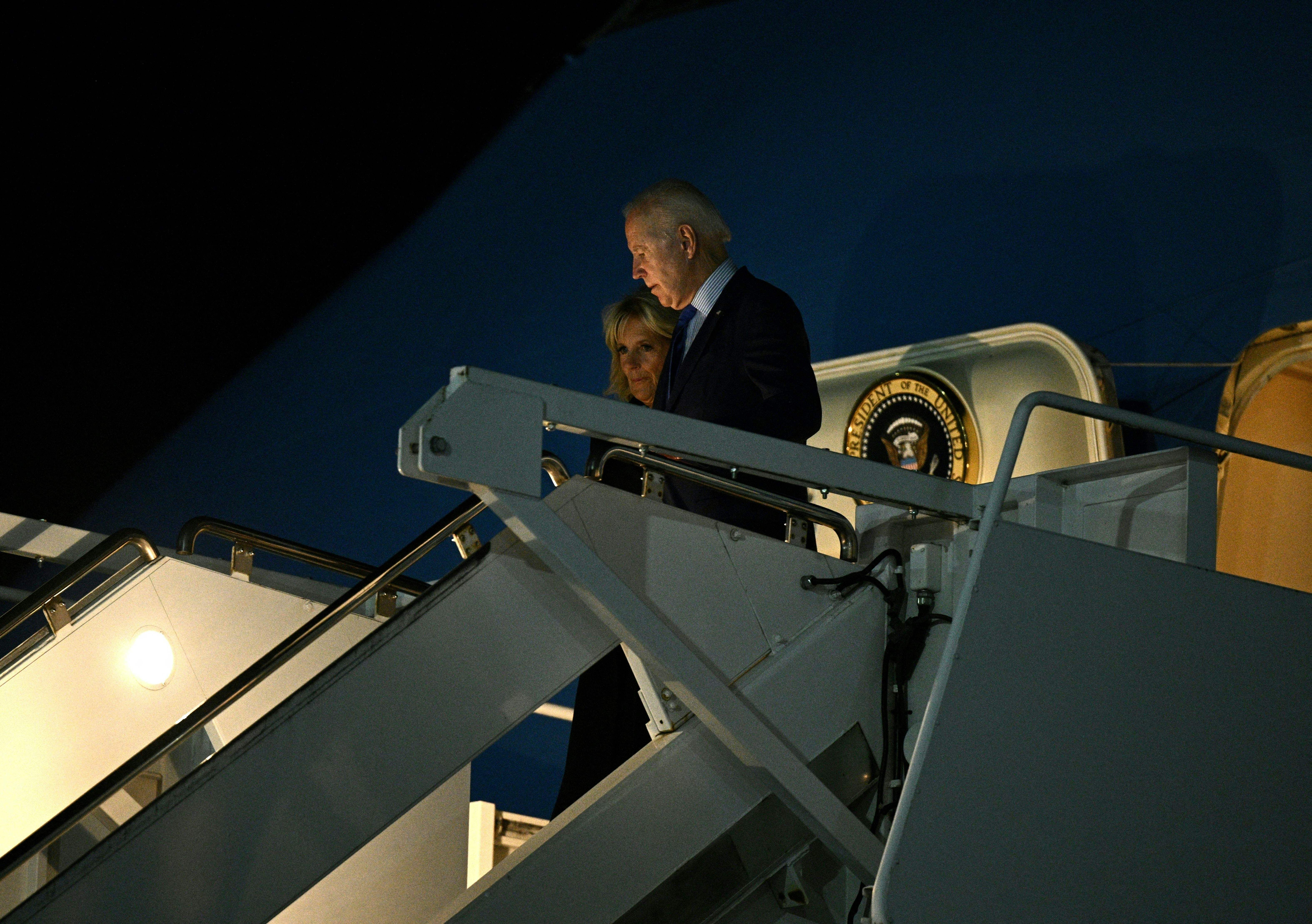 US President's Air Force One Touches Down In UK Ahead Of Queen's Funeral