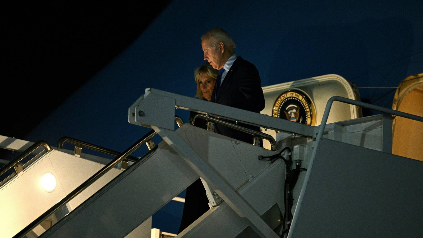 US President's Air Force One Touches Down In UK Ahead Of Queen's Funeral
