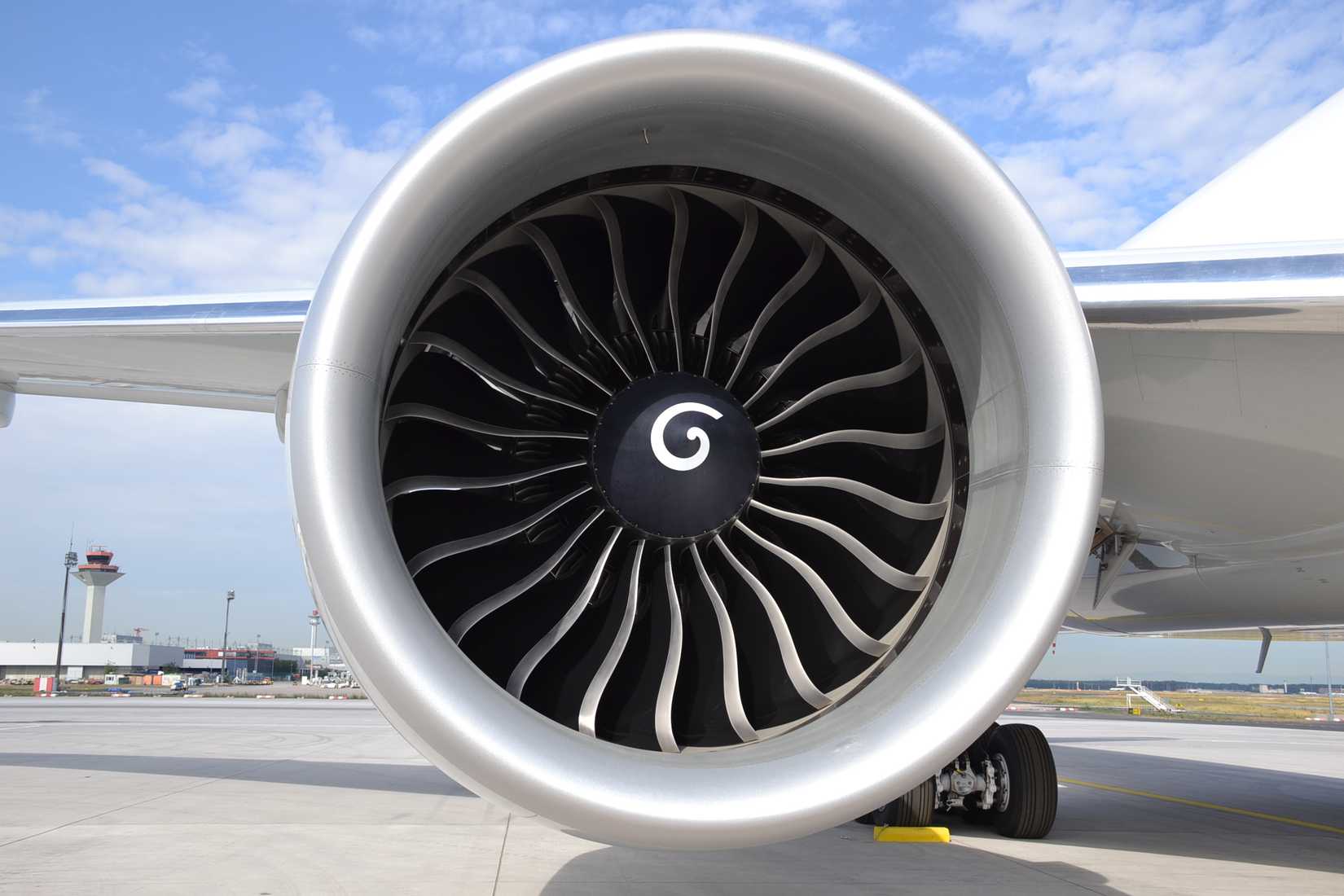 The General Electric GE90 engine on a Boeing 777 aircraft.
