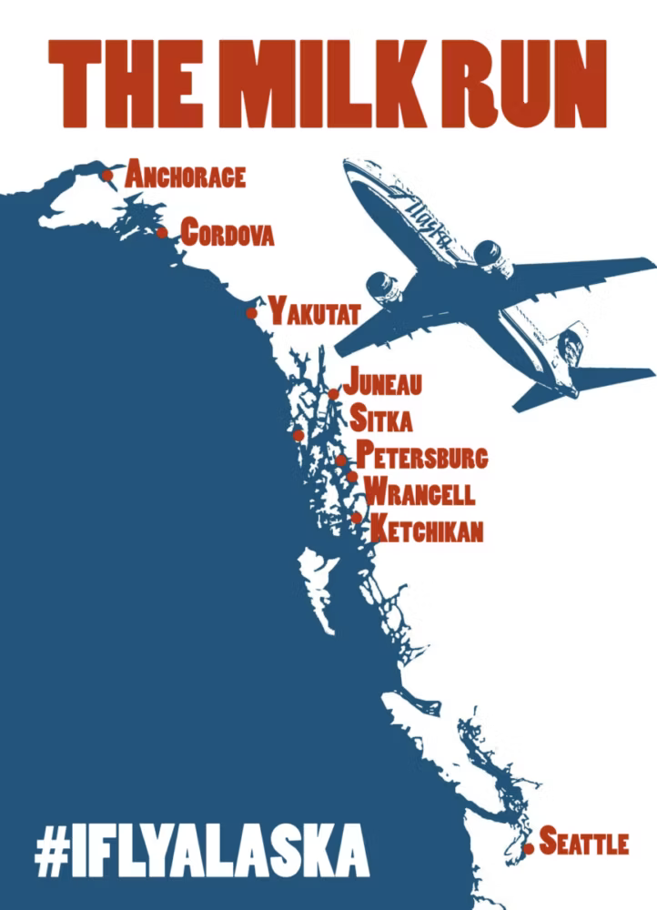 Alaska Airlines "The Milk Run" #IFlyAlaska circa 2010s poster showing cities along the routes