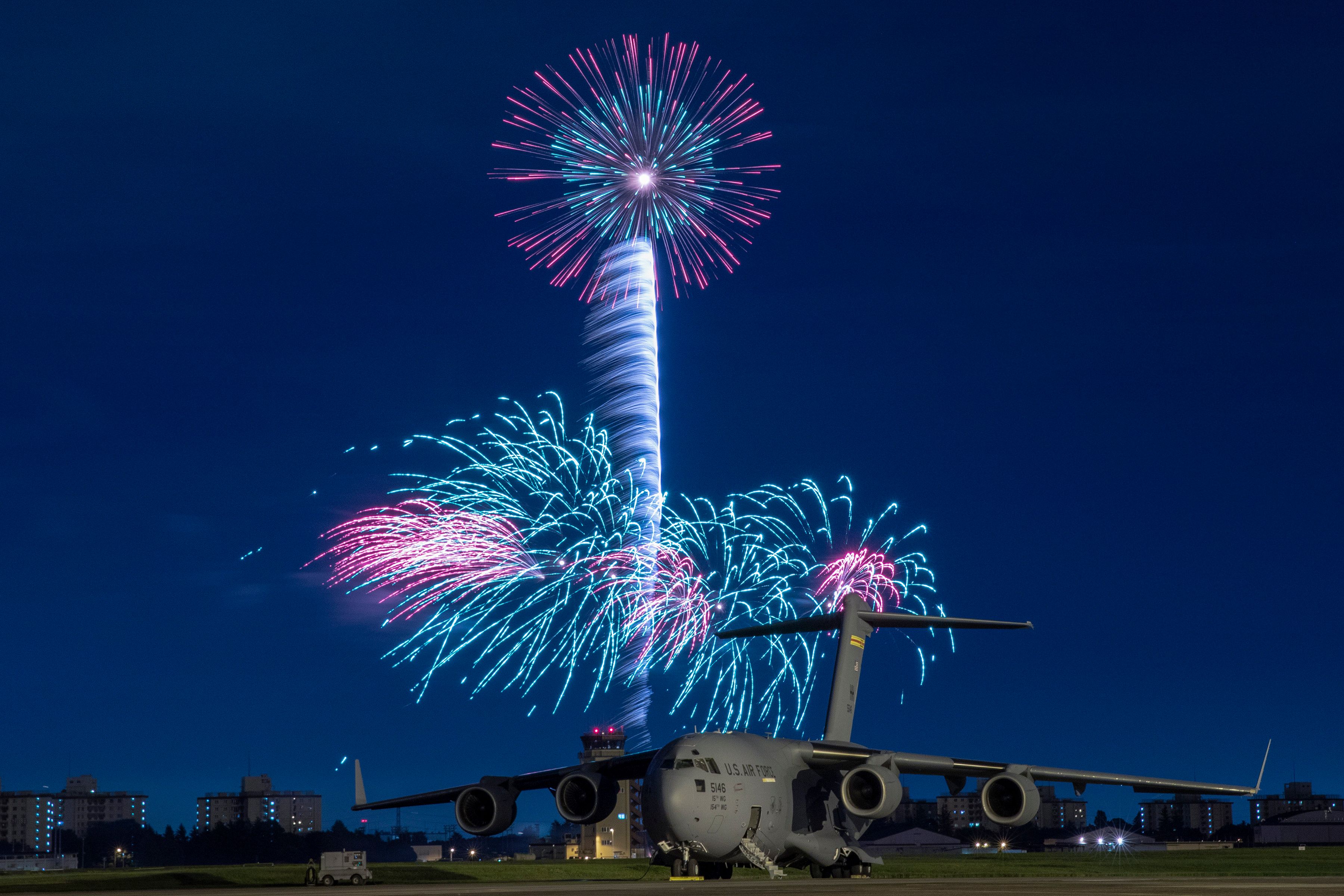 USAF Globemaster and fireworks