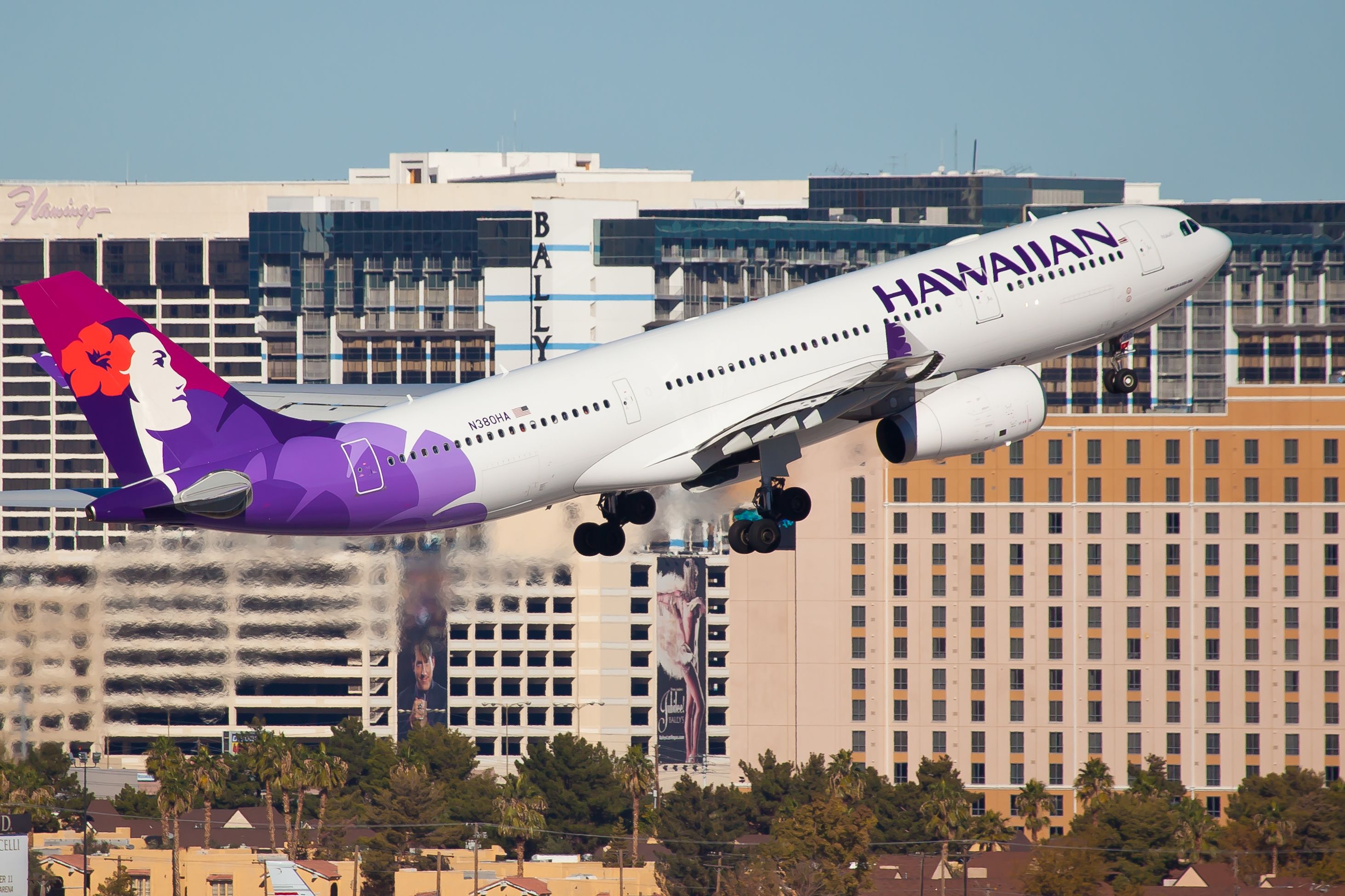 Hawaiian Airlines Airbus A330 taking off from Las Vegas.