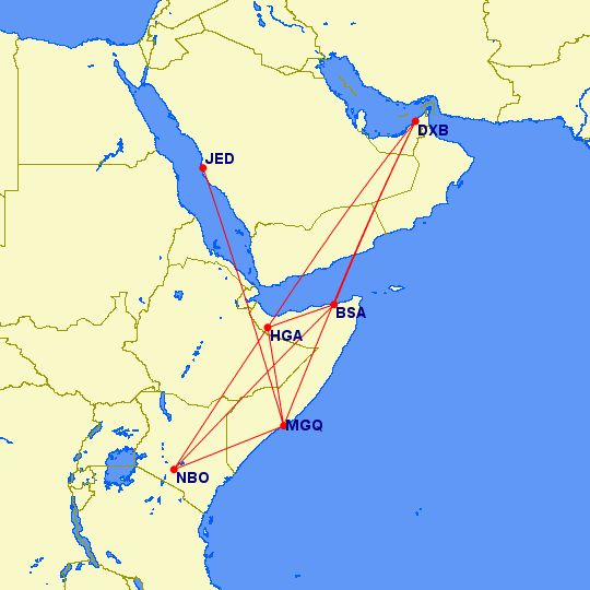 Route map for Daallo Airlines