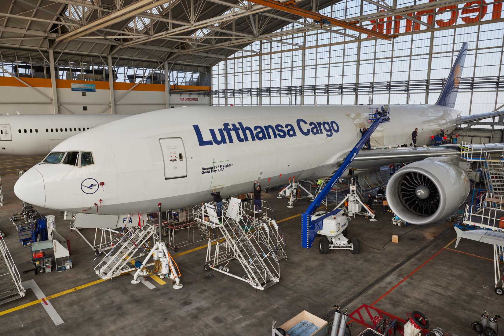 A Lufthansa cargo 777 in the maintenance hangar.