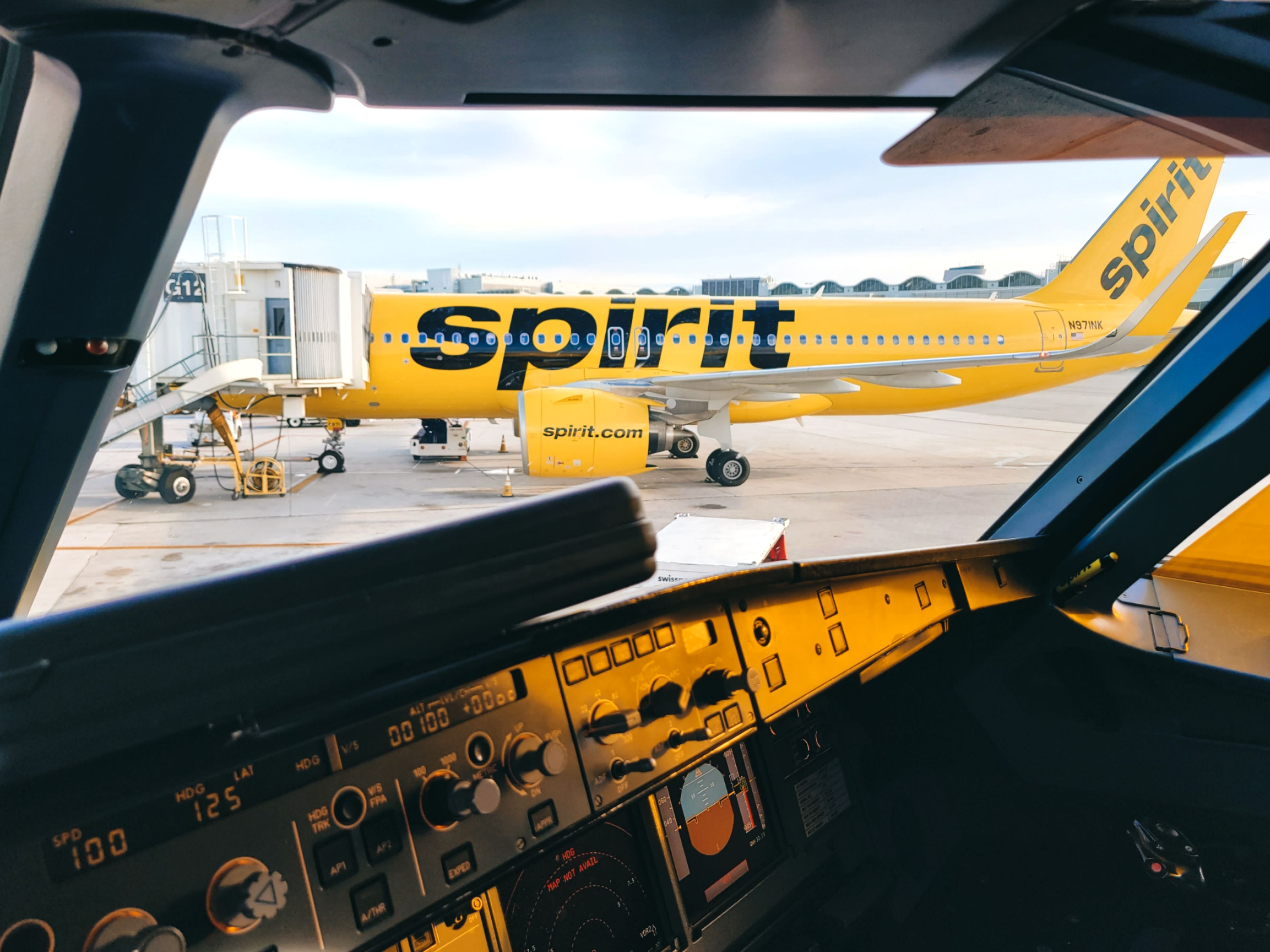 Spirit Airlines A320NEO seen from the cockpit of another aircraft.