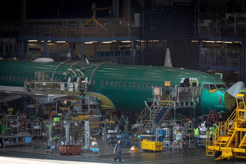 A partially built Boeing 737 MAX airliner inside the Renton factory
