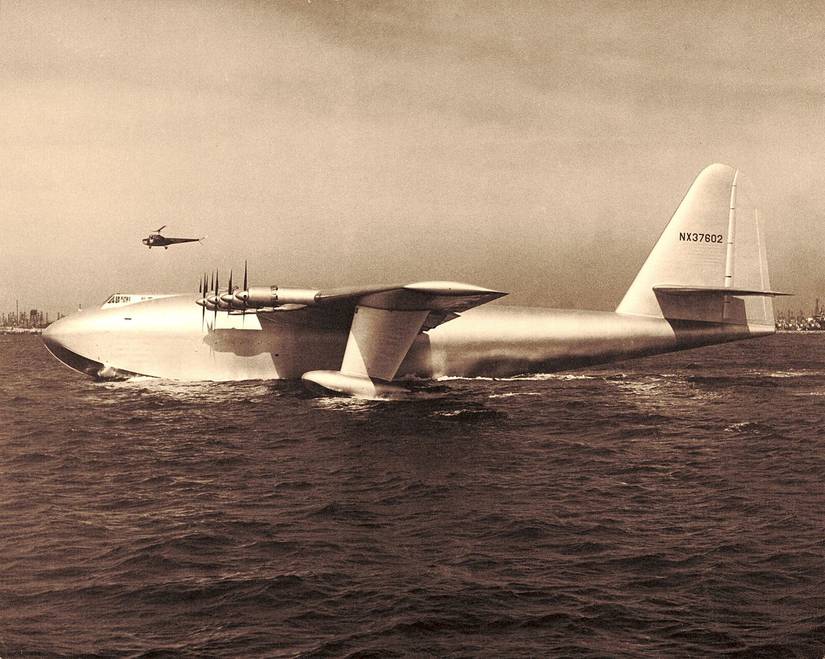 The Hughes H-4 Hercules Spruce Goose floating in water.