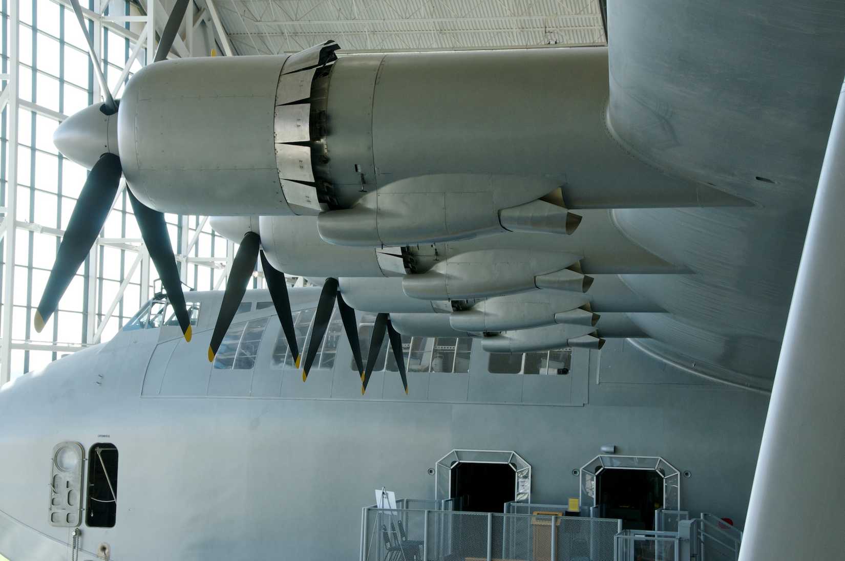 A closeup ofthe wings, engines, and nose of the Hughes H-4 Hercules Spruce Goose.