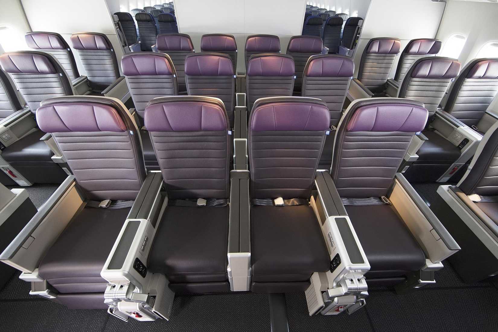 Inside the United Airlines premium economy cabin.