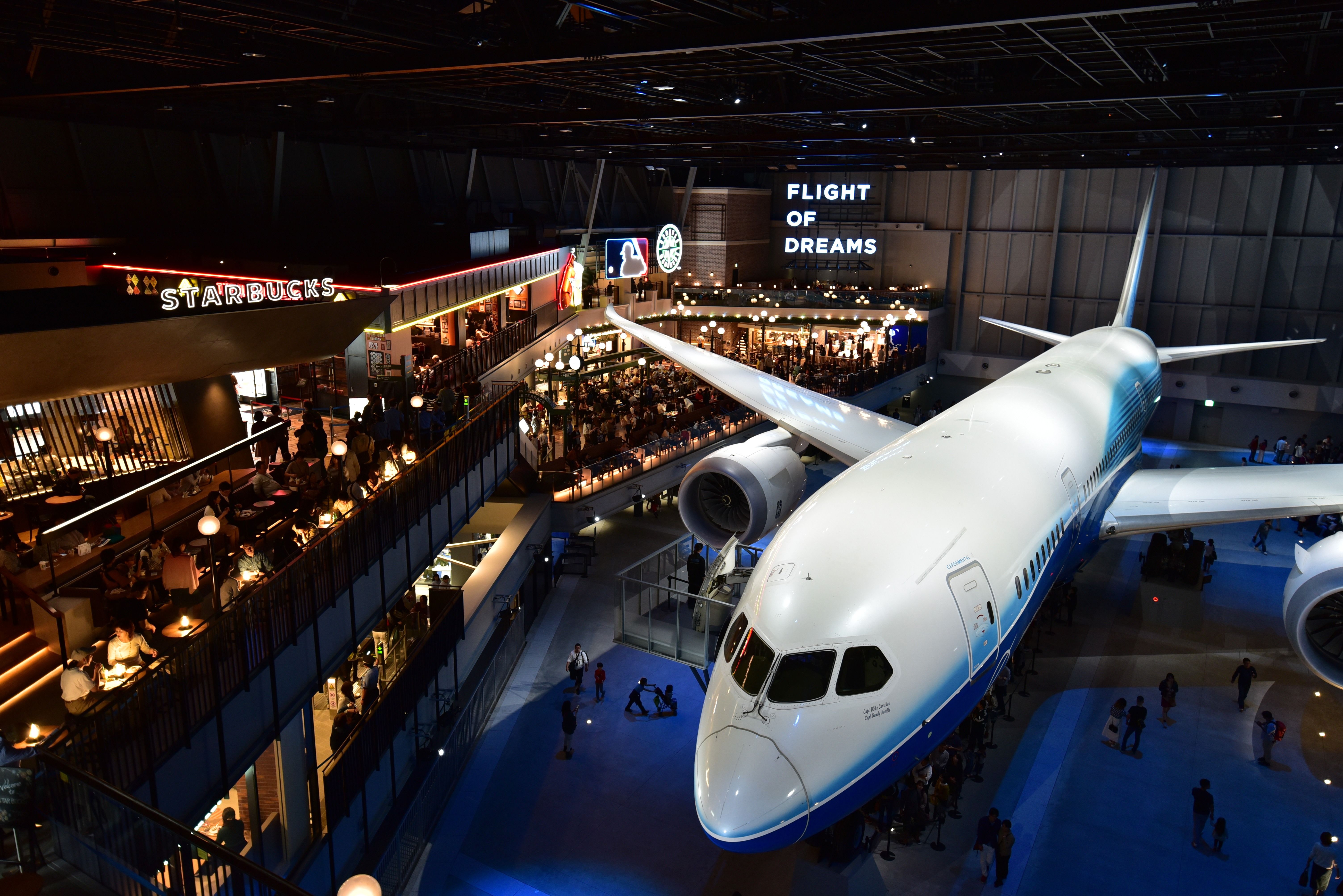 A Boeing 787 Dreamliner at the Flight of Dreams section of Chubu Centrair International Airport.