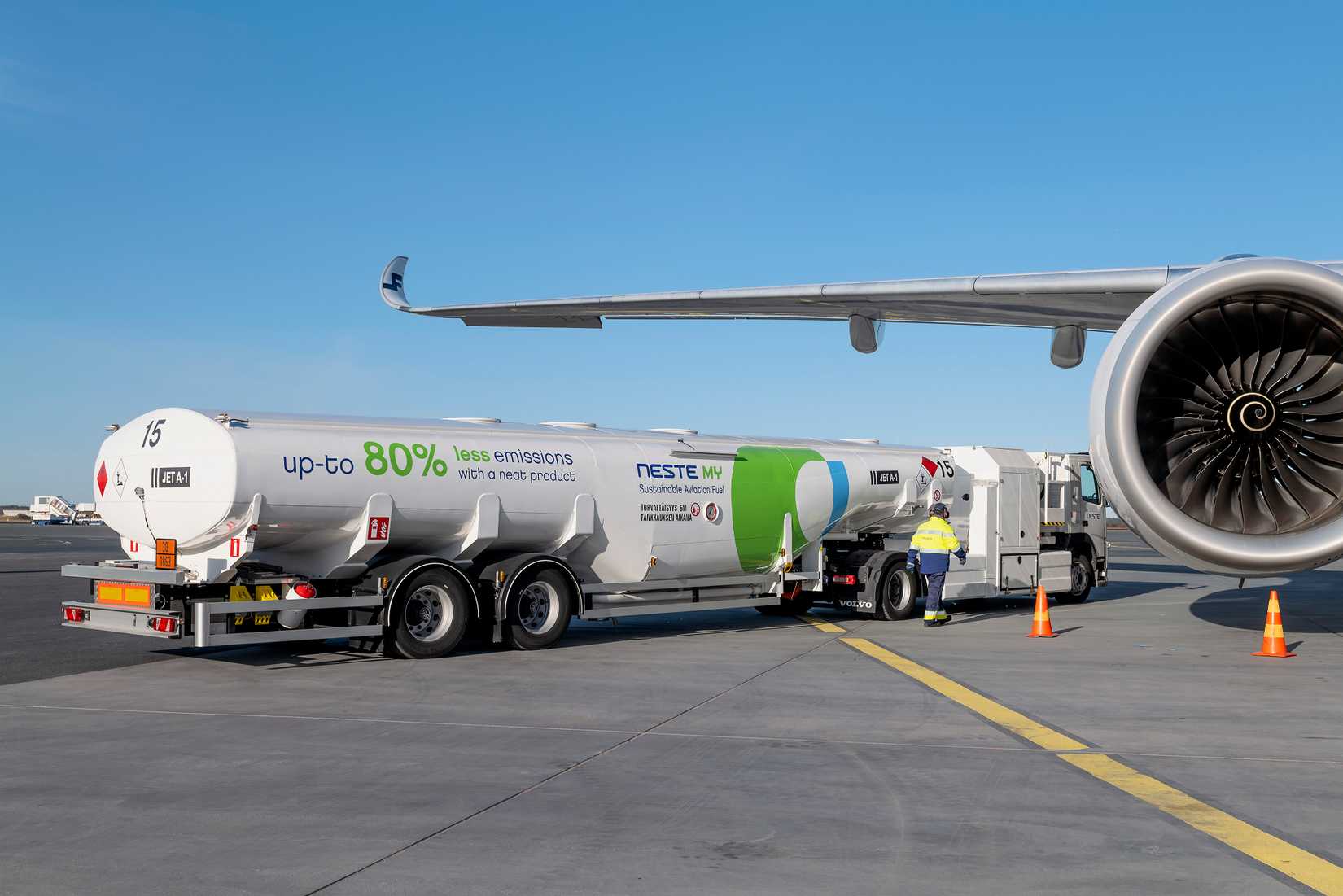 A Neste SAF tanker filling up an Airbus A350.