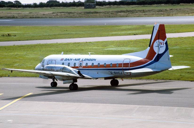 A Dan-Air Hawker Siddeley HS 748 taxiing to the runway.