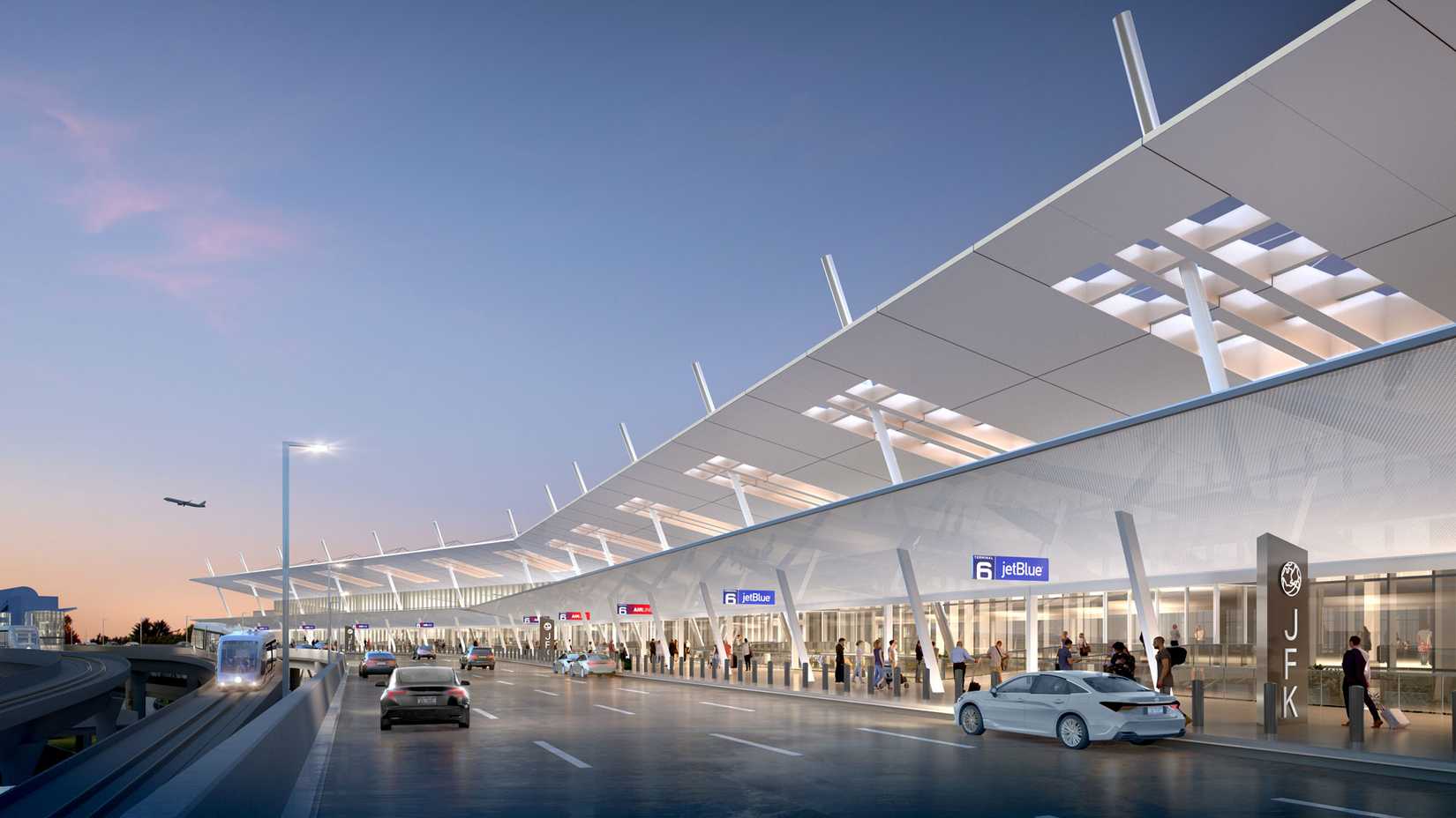 Rendering of the future JFK Airport Terminal 6 exterior departures area with signs indicating JetBlue and other airlines.