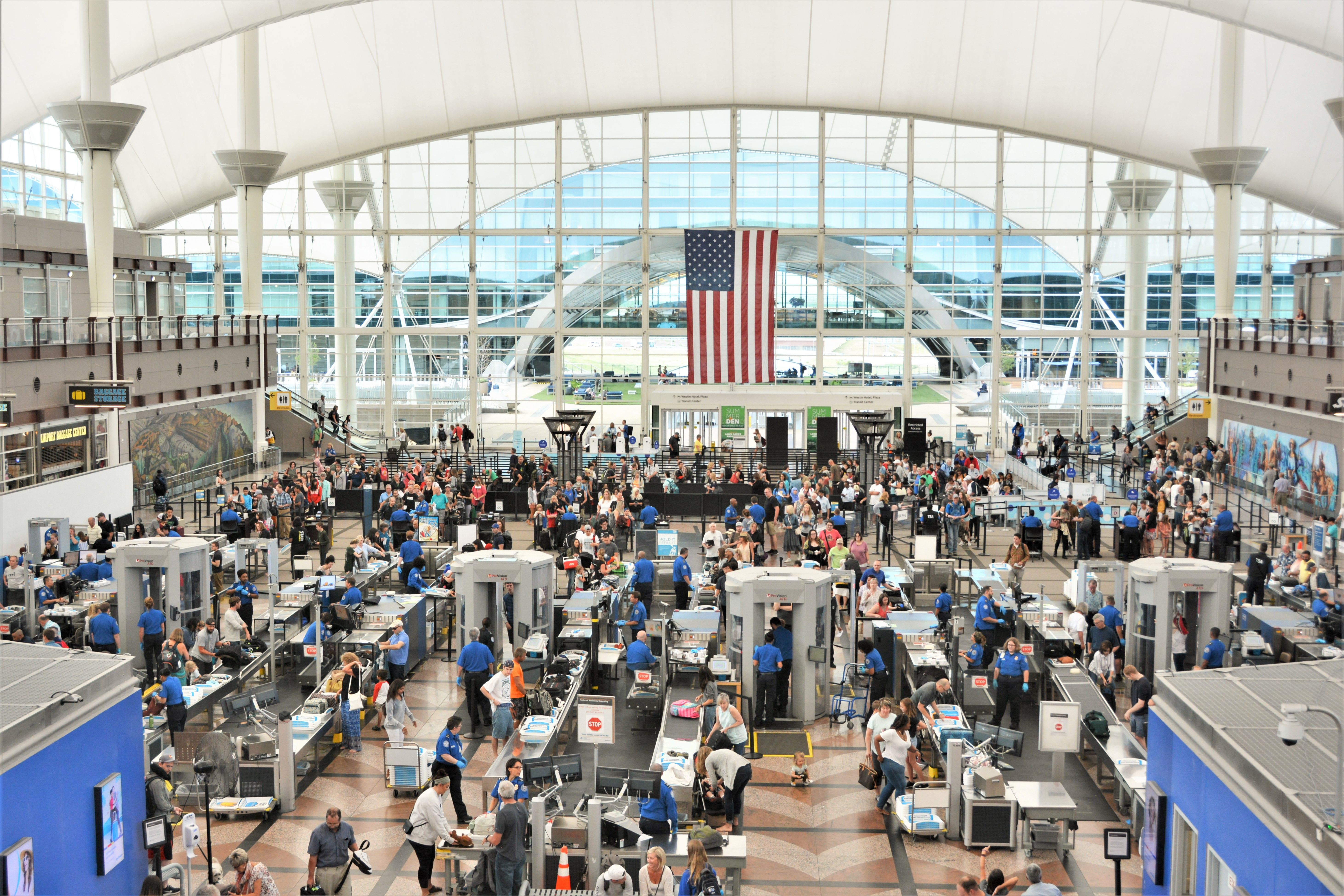 A panoramic view of the TSA Security Screening Checkpoint at Denver Airport.