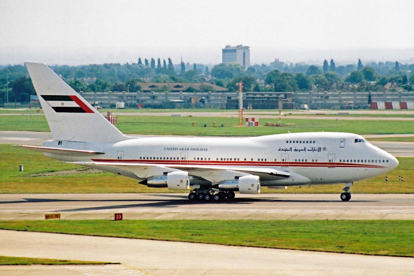 A Dubai Air Wing Boeing 747SP taxiing to the runway.