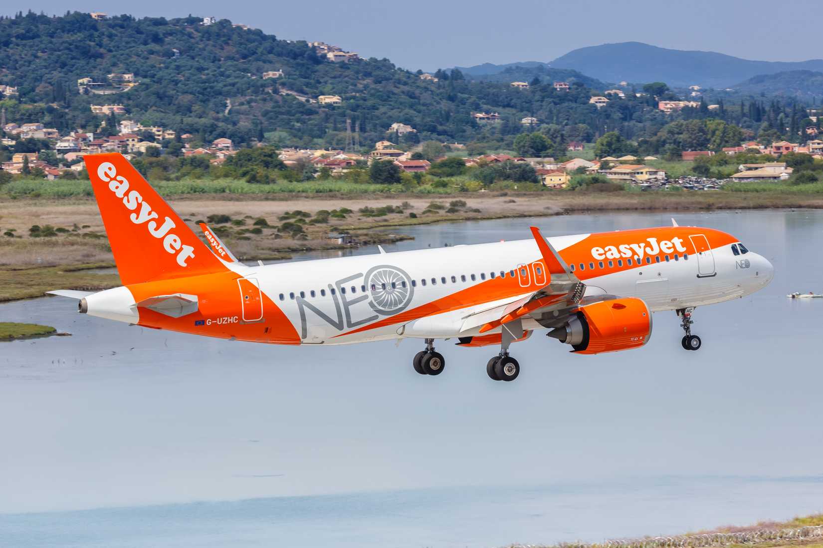 easyJet Airbus A320neo landing at Corfu Airport in Greece.