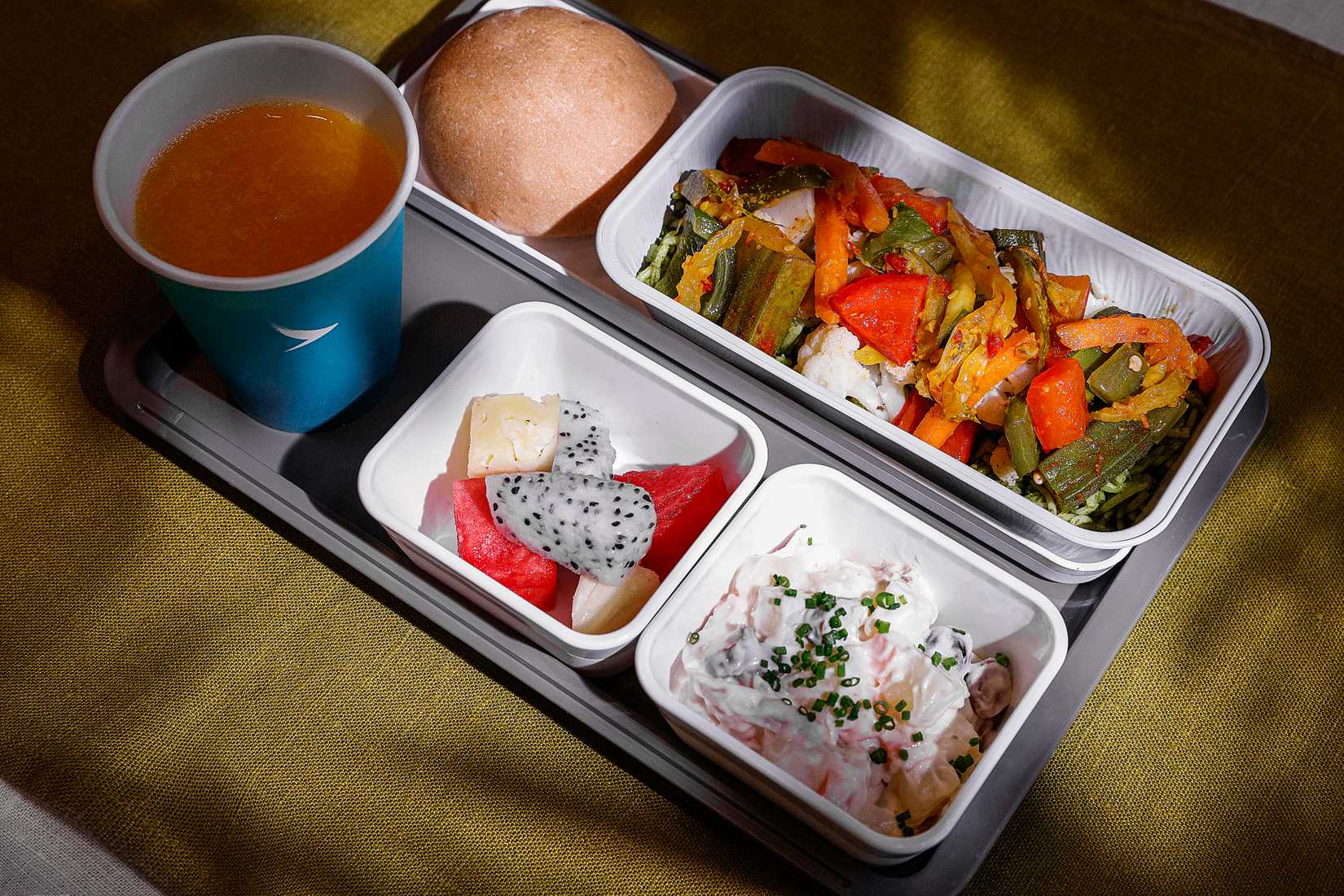 Cathay Pacific VEDA Economy Inflight Mediterranean Potato Salad Vegetable masala with green pulao rice
