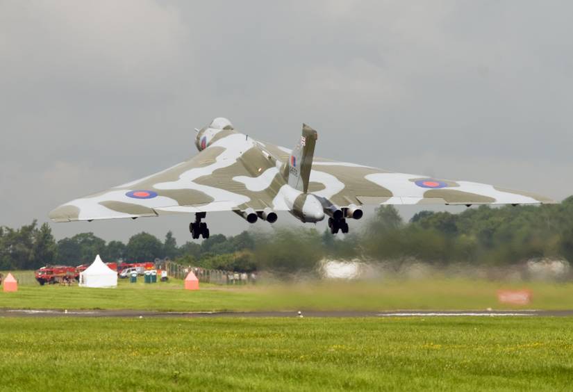 An Avro Vulcan bomber just after take off.