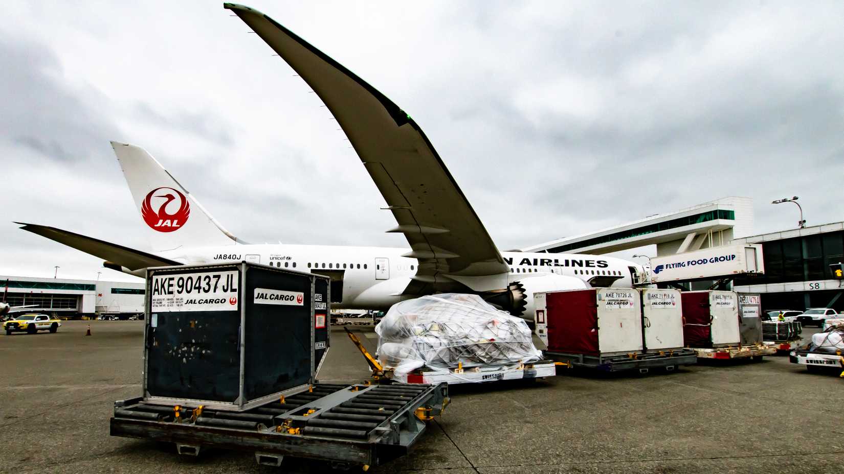 JAL Cargo Pallets and JAL Boeing 787-8 Dreamliner at KSEA