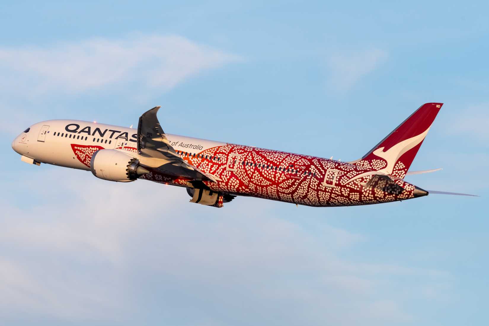 A Qantas Boeing 787-9 Dreamliner taking off.
