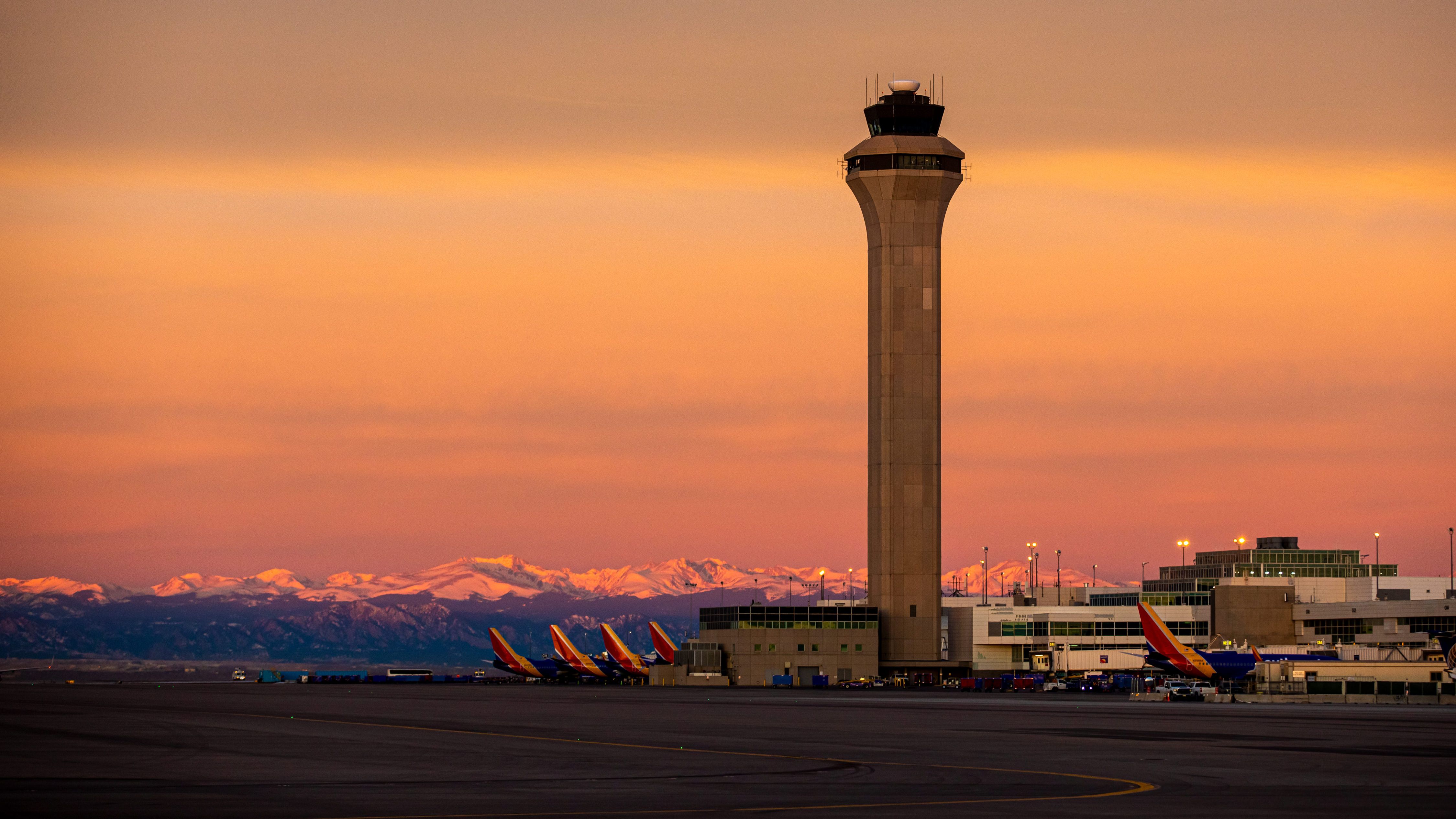 The Denver Airport Air Traffic Control Tower during Sunrise.