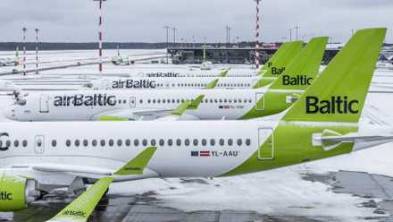 Several airBaltic aircraft parked side by side.