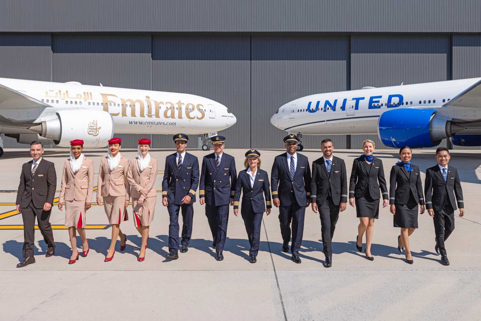 Emirates and United Airlines planes and crew together