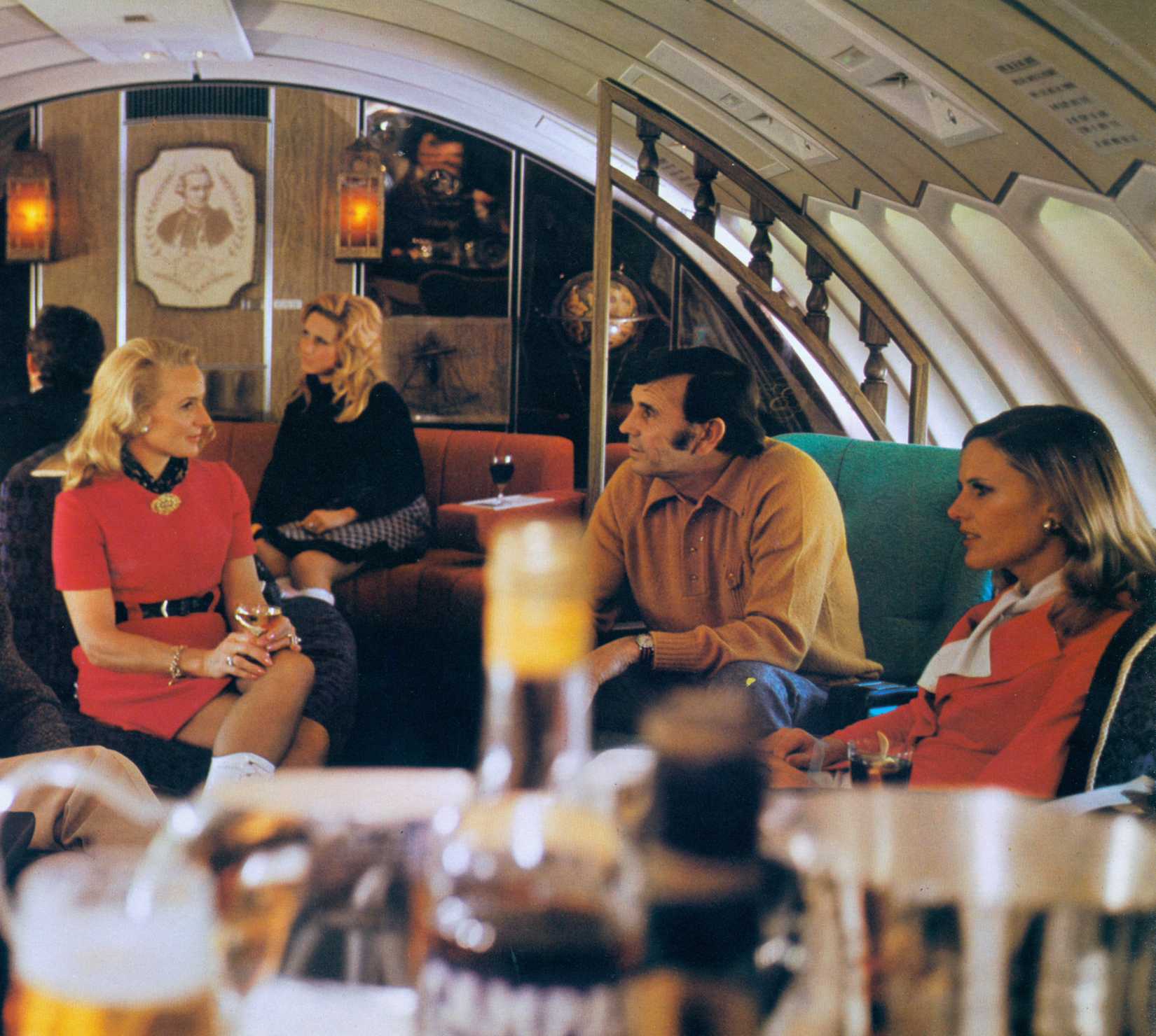 First Qantas 747 1970s interior - First Class upper deck lounge.
