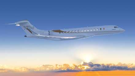 A Bombardier Global 7500 flying at sunset.