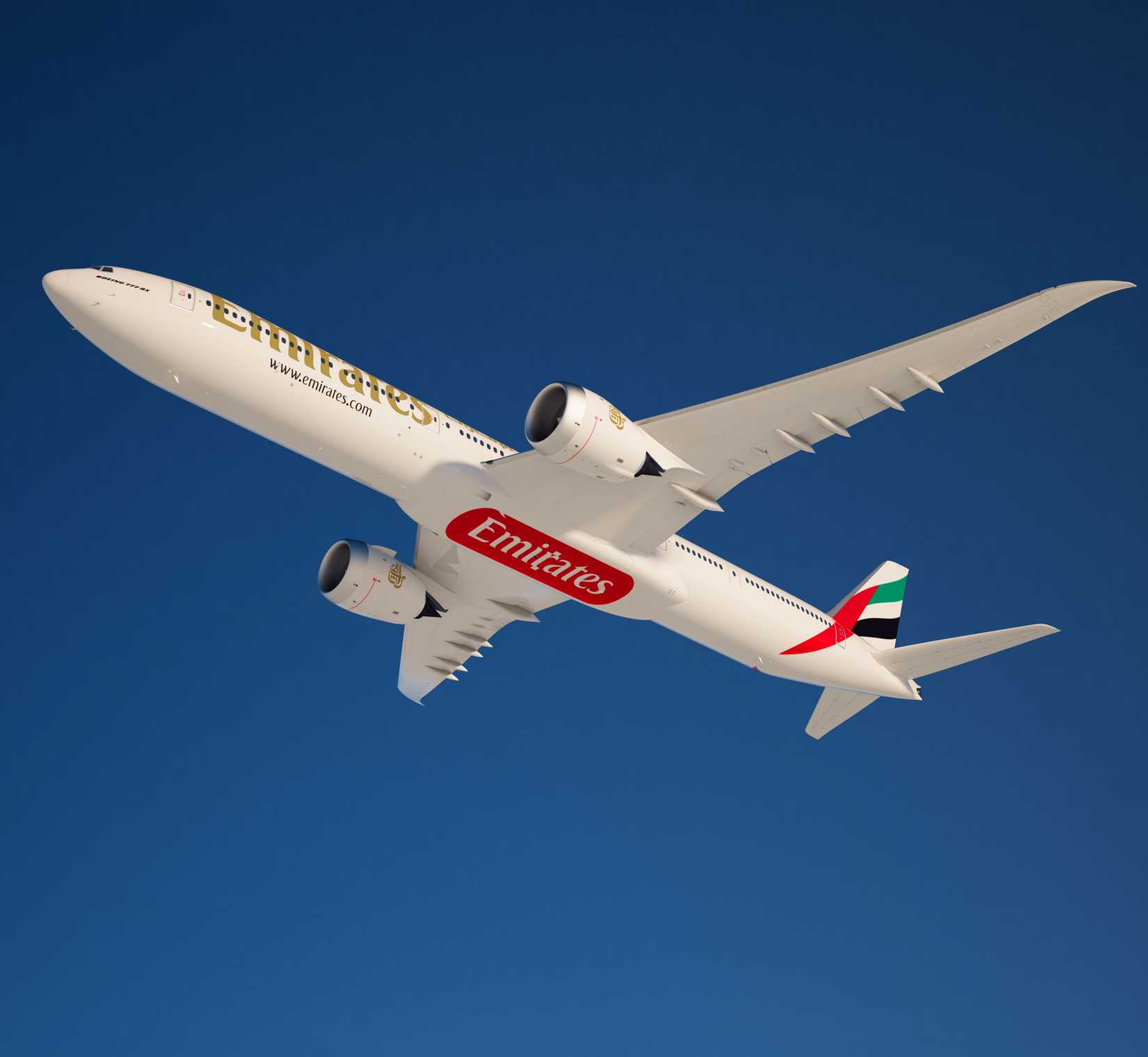 A render of an Emirates 777X flying in the sky.