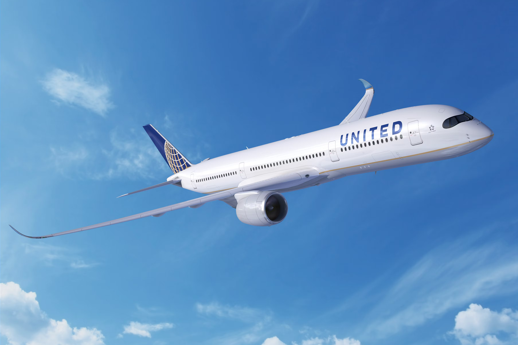 32A render of a United Airlines Airbus A350 flying in the sky.