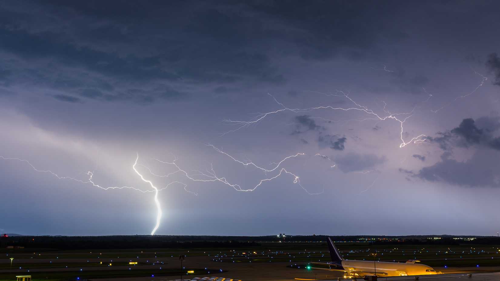 A thunderstrom at an airport