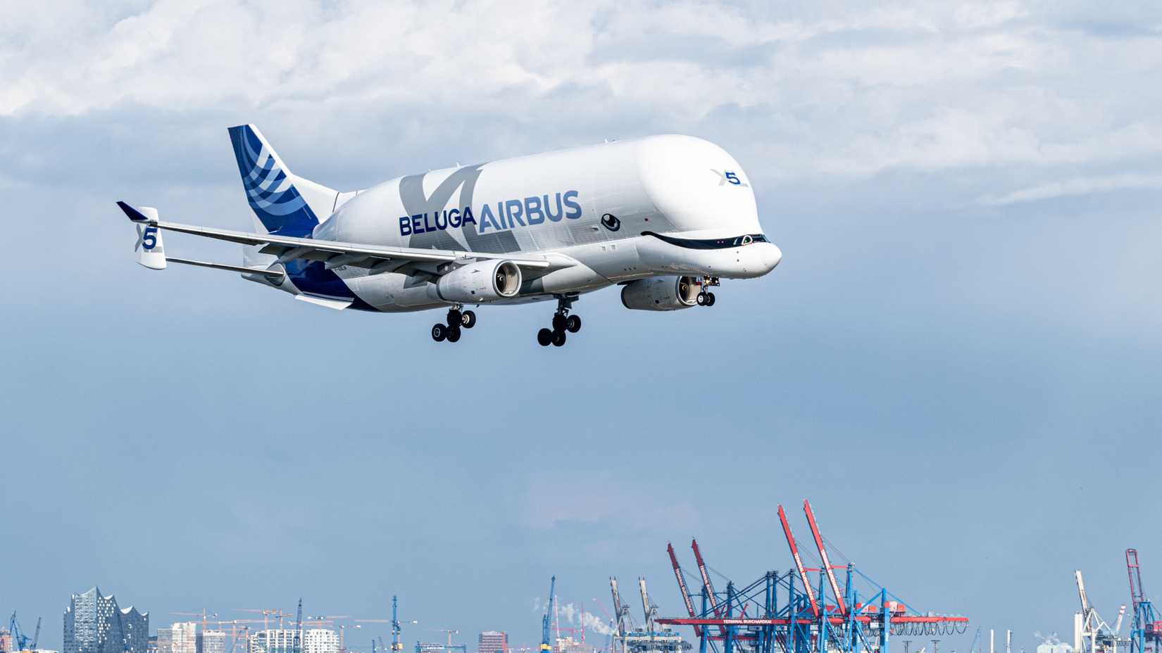 An Airbus BelugaXL about to land.