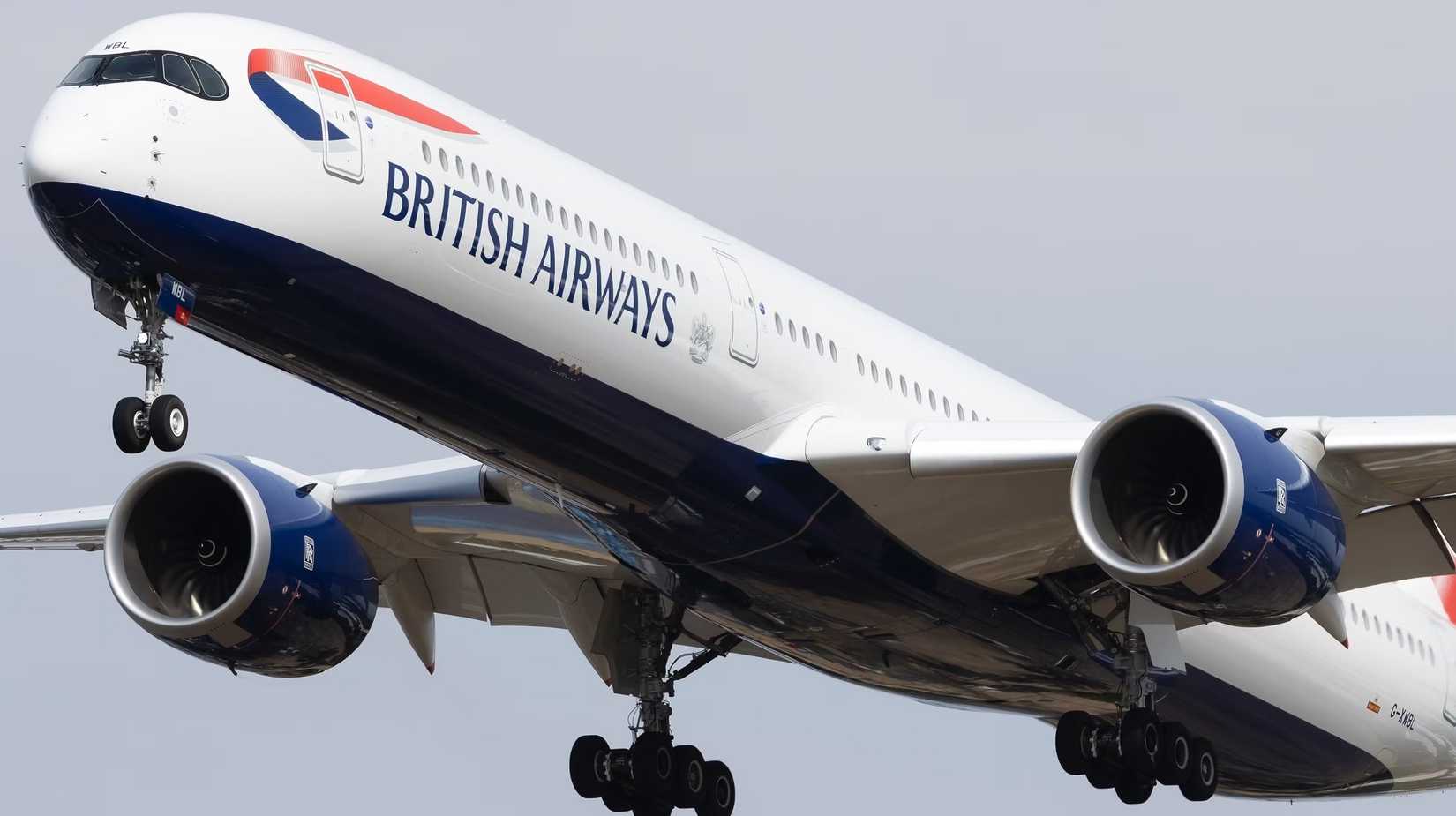 A closeup of a British Airways Airbus A350-1000 about to land.