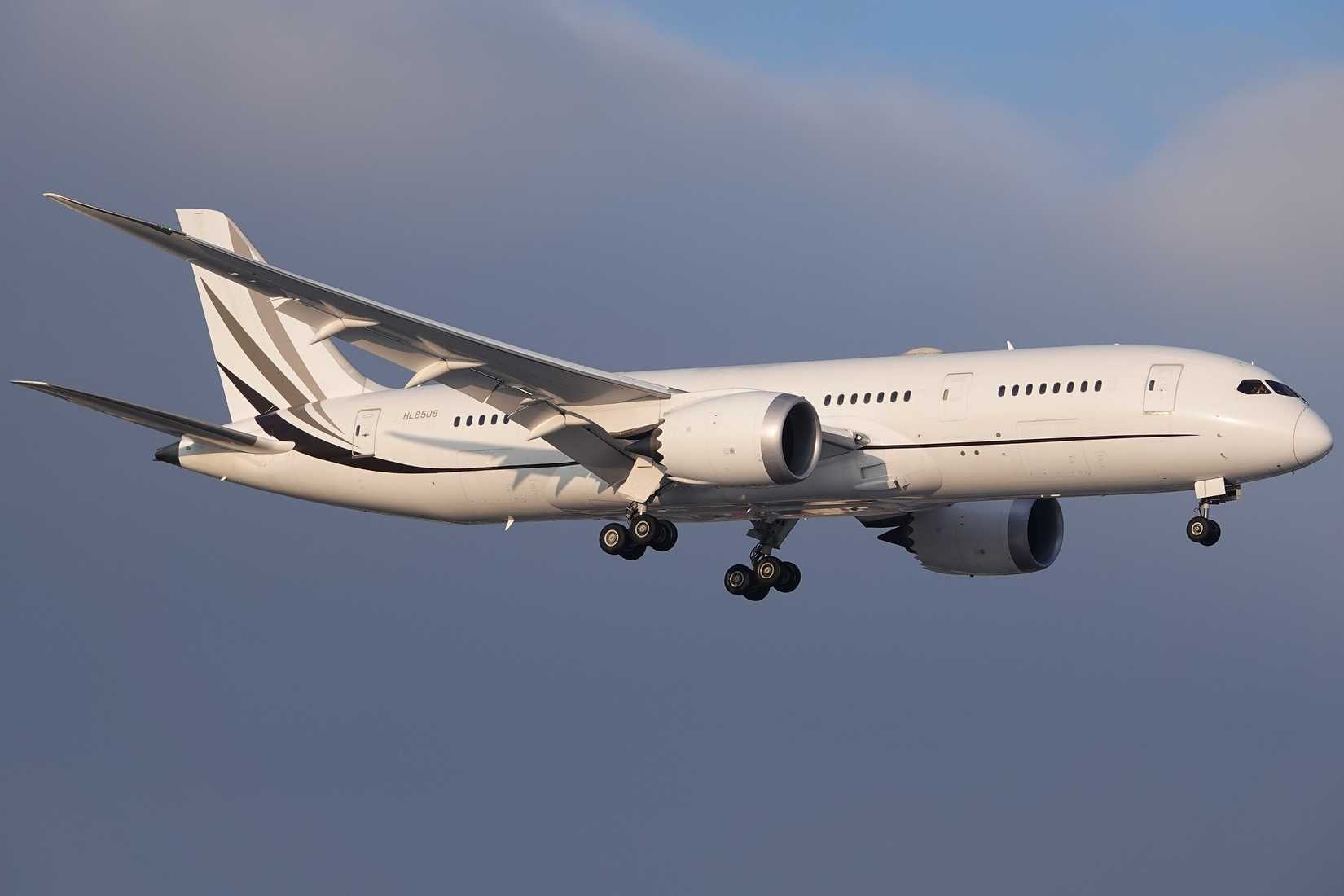 The Korean Air 787-8 BBJ flying in the sky.