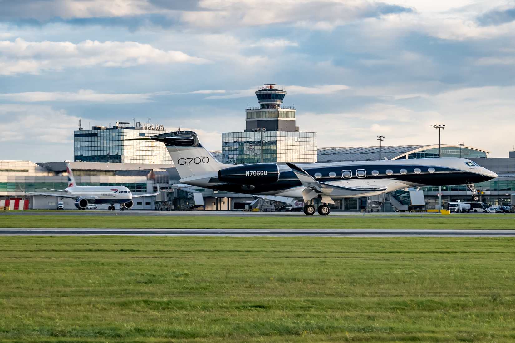 A Gulfstream G700 taking off.