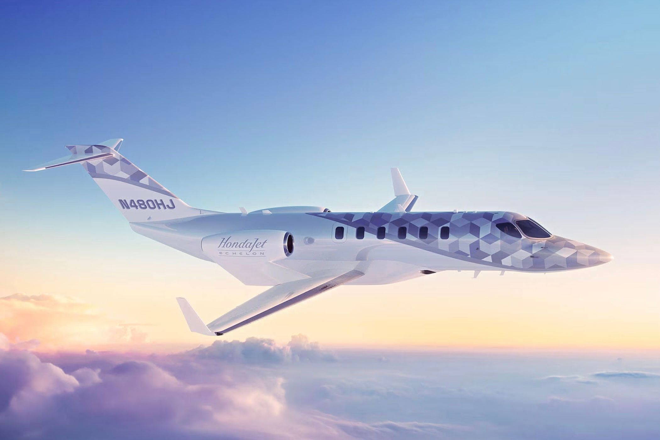A render of a HondaJet Echelon flying in the sky.
