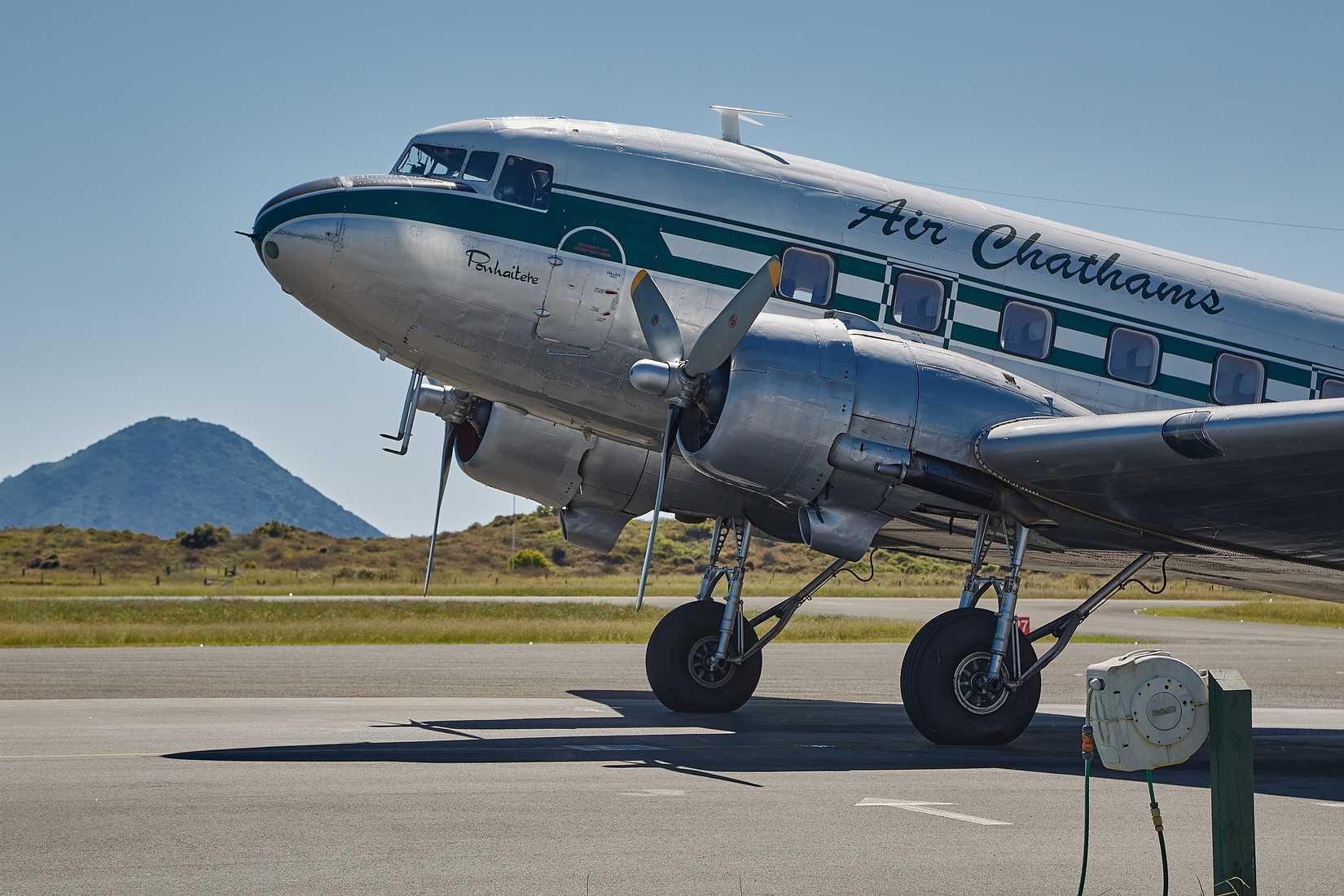 A Douglas DC-3 from Air Chathams on the Whakatane airport apron. 